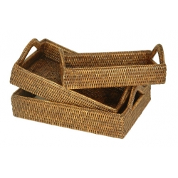 Set of 3 rectangular rattan trays