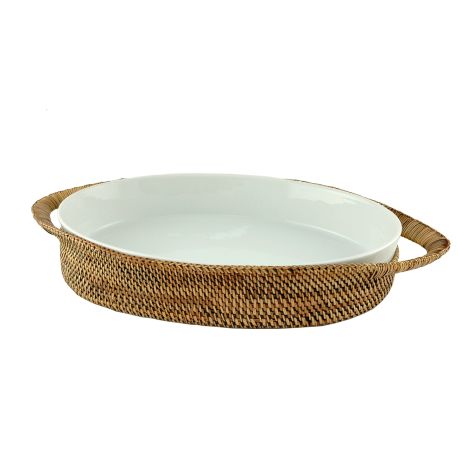 Large oval rattan and porcelain dish