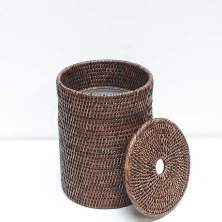 Brown cylindrical waste basket with plastic insert and cover S