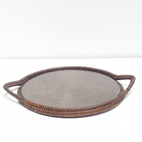 Brown round tray with glass dish M