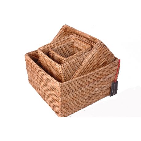 Set of 4 square white rattan baskets
