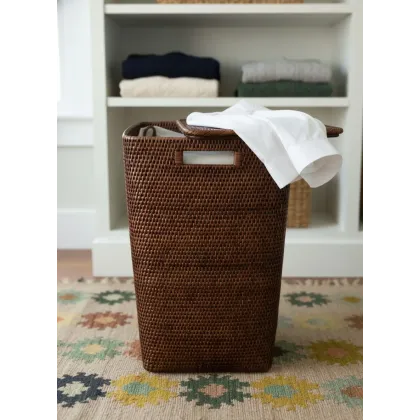 Panier à linge carré évasé L marron avec un sac en coton et un couvercle